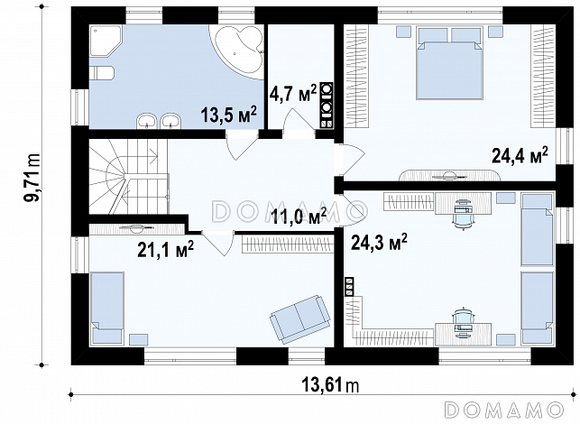 Проект удобного простого двухэтажного коттеджа из газобетона с кабинетом и просторной гостиной / План 2 этажа