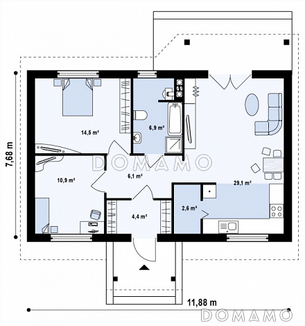 Проект компактного одноэтажного дома из кирпича с двумя спальнями и просторной гостиной / План 1 этажа