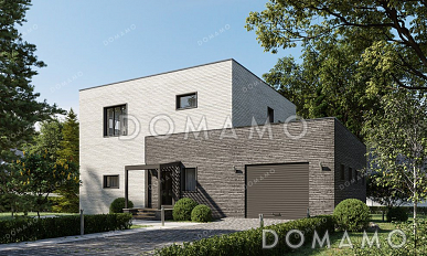 Проект двухэтажного дома с большой террасой, гаражом и подвалом