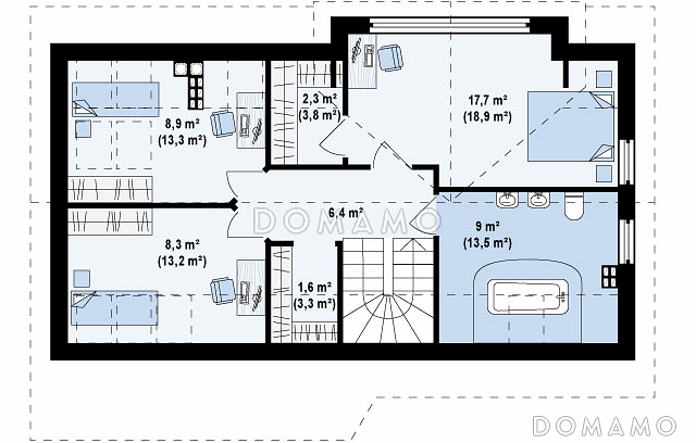 Проект увеличенного одноэтажного мансардного дома из кирпича с гаражом и большим фронтонным окном / План мансардного этажа