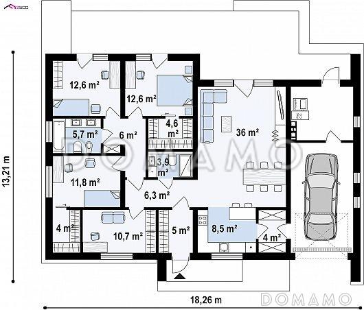 Проект комфортного одноэтажного дома из кирпича с тремя спальнями, кабинетом и гаражом / План 1 этажа