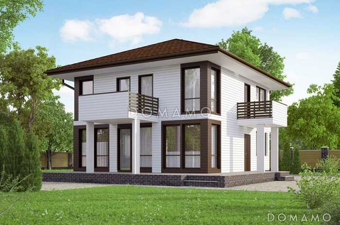 Проект современного дома из клееного бруса с двумя небольшими балконами на втором этаже