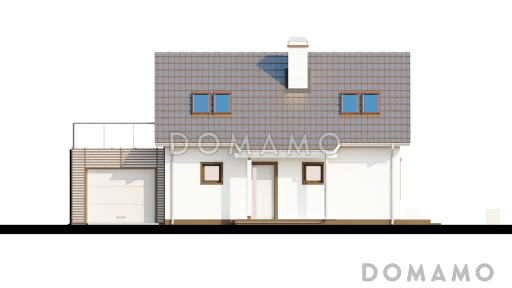 Проект одноэтажного мансардного дома из кирпича с открытой террасой над гаражом / Фасад 4