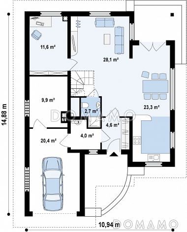 Проект мансардного дома из газобетона с кабинетом, гаражом и техническим помещением / План 1 этажа
