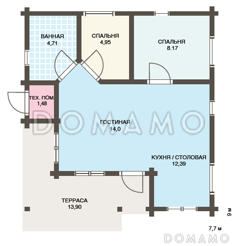 Проект небольшого одноэтажного деревянного дома из клееного бруса с двумя спальнями / План 1 этажа