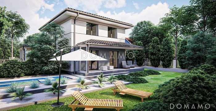 Проект современного двухэтажного дома с кабинетом, террасой, ванной с окном