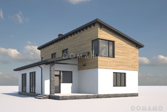 Проект дома с косой крышей, детскими комнатами, террасой, большой гостиной-столовой