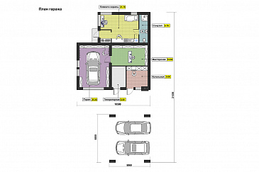 Крытый гараж на одну машину с навесом на два автомобиля, сауной и мастерской / План 1 этажа