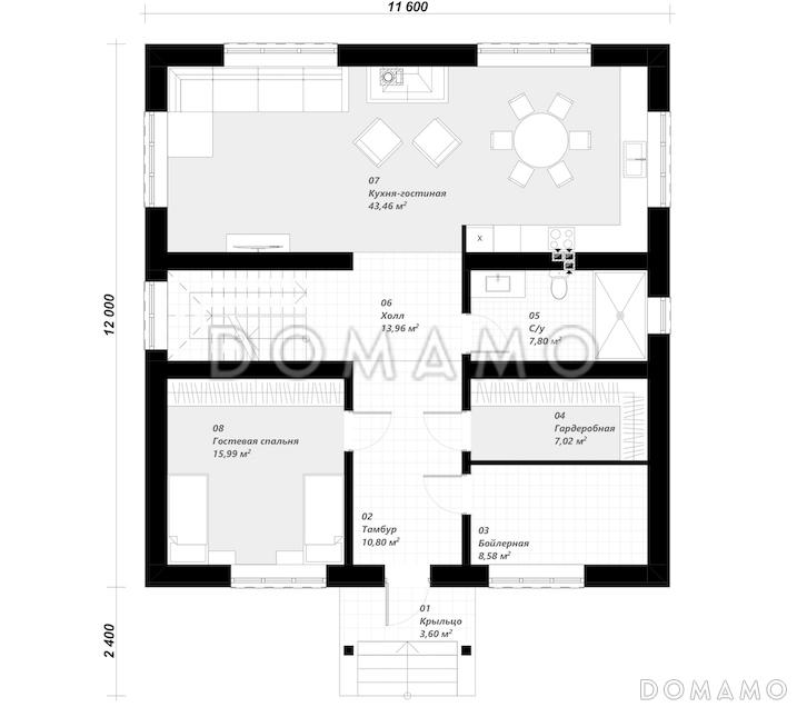 Проект двухэтажного дома с 4 спальнями и просторной ванной комнатой / План 1 этажа