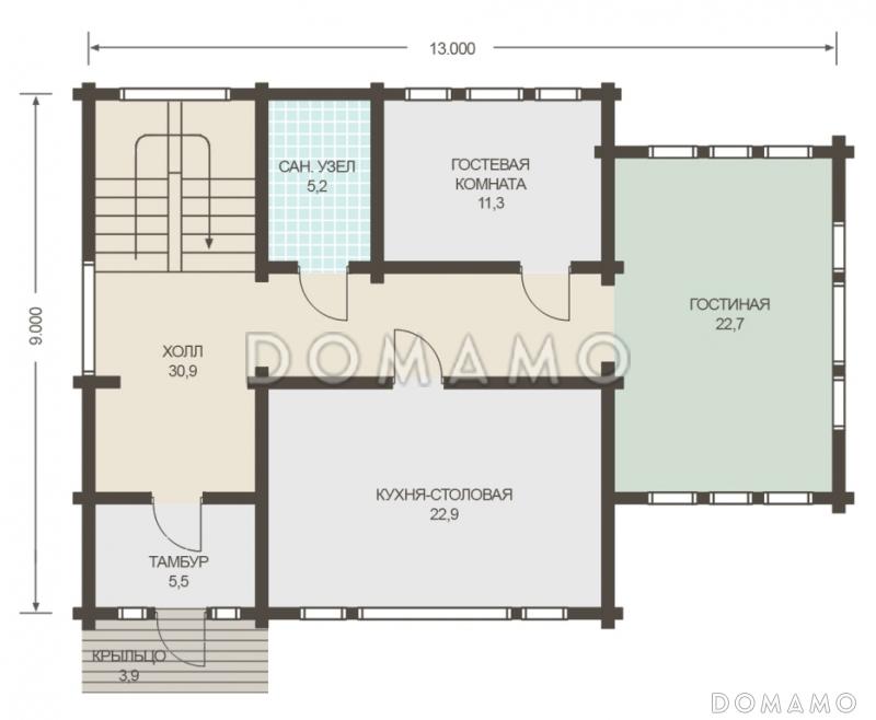 Проект двухэтажного дома из клееного бруса с изолированной кухней-столовой / План 1 этажа