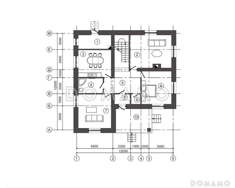 Проект загородного дома с мансардным этажом без окон / План 1 этажа