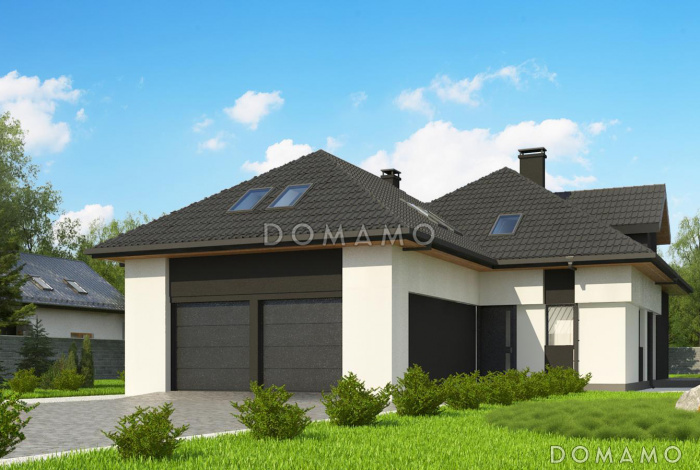 Проект дома с гаражом, постирочной, слуховыми и мансардными окнами в мансарде