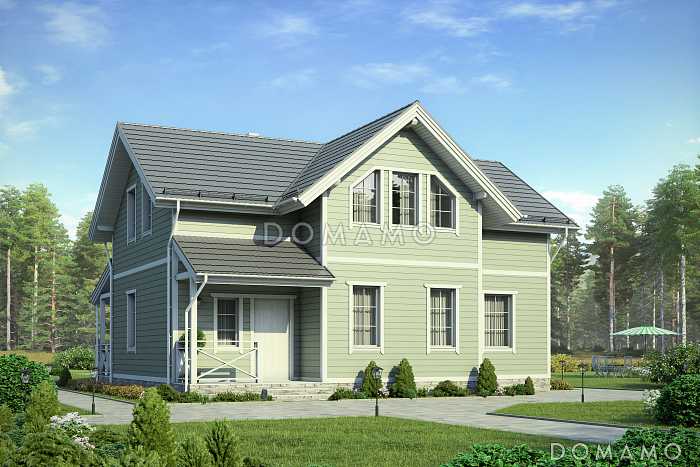 Проект дома в норвежском стиле с большой террасой и просторным холлом второго этажа