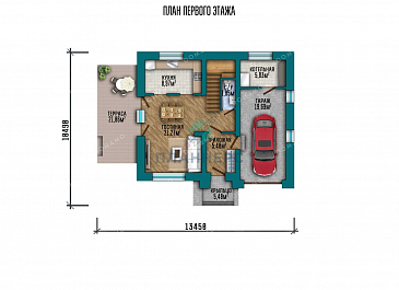 Проект одноэтажного дома с мансардой, большой террасой и гаражом / План 1 этажа