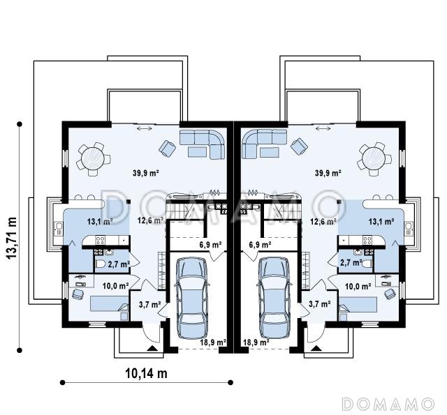 Проект современных мансардных домов-близнецов из газобетона с гаражом, слуховым окном и балконом / План 1 этажа