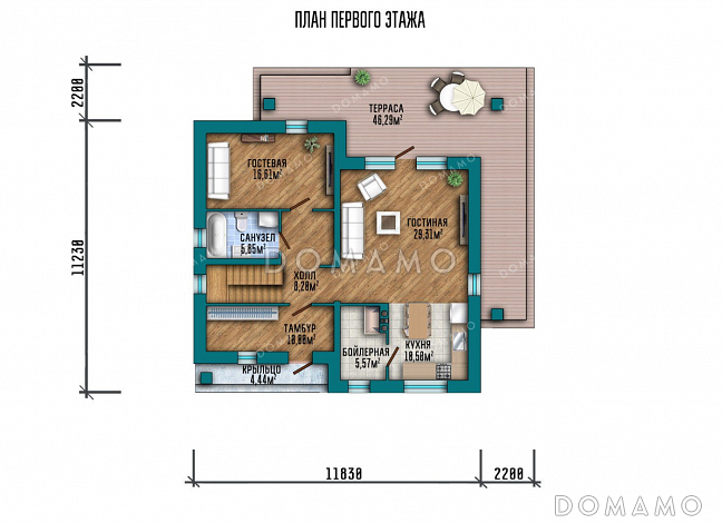Проект дома с мансардой и террасой в современном стиле / План 1 этажа