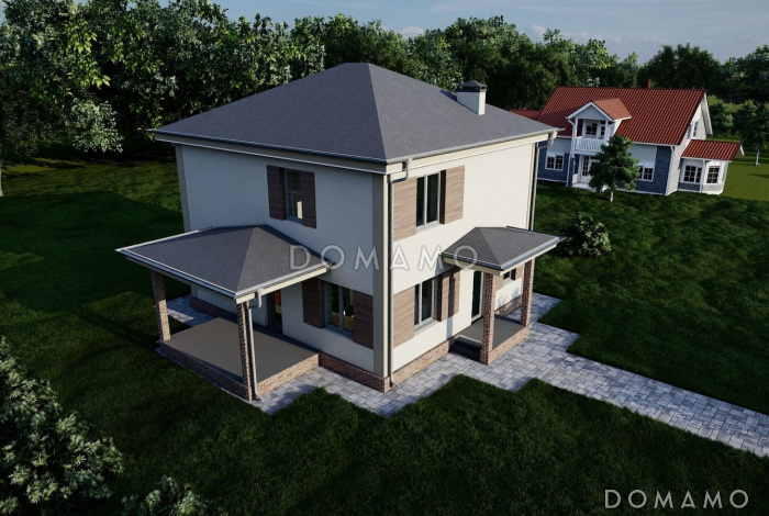 Проект двухэтажного дома с тремя спальнями, кабинетом, гостной-кухней-столовой и котельной