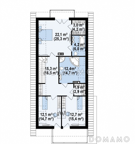 Проект одноэтажного мансардного дома из газобетона с гаражом на два автомобиля и террасой над гаражом  / План мансардного этажа