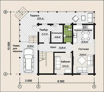 Проект дома из клееного бруса с навесом для одного авто / План 1 этажа