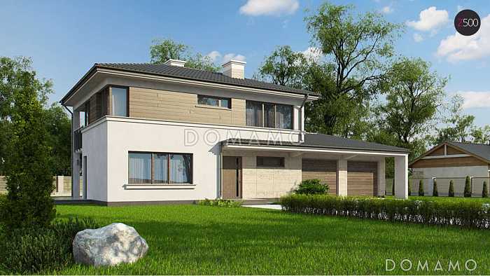 Проект современного двухэтажного дома из газобетона с четырьмя комнатами, большим гаражом, террасой и балконом