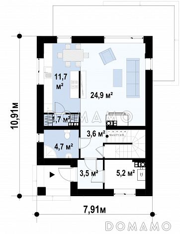 Проект загородного дома с подвалом, вытянутой кухней с кладовой, светлыми спальнями на втором этаже / План 1 этажа