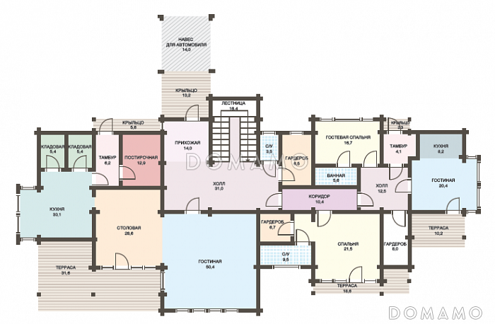 Проект дома из клееного бруса с мансардными окнами и большой площадью остекления / План 1 этажа
