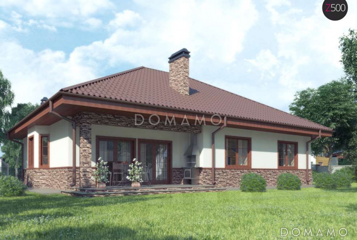 Проект одноэтажного дома из газобетона с мансардой и балконом и зоной барбекю на террасе 