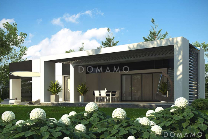 Проект современного одноэтажного дома из кирпича с плоской крышей, с тремя спальнями, террасой и навесом для двух автомобилей