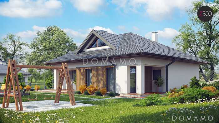 Проект одноэтажного дома из кирпича с тремя спальнями и треугольным окном на чердаке