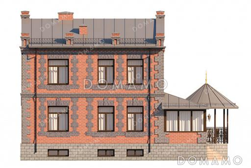 Проект кирпичного двухэтажного дома с 4 спальнями, верандой, круглой беседкой на террасе и обустроенным цокольным этажом / Фасад 4