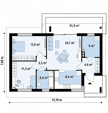 Проект небольшого одноэтажного дома из газобетона с отделённой спальной зоной / План 1 этажа