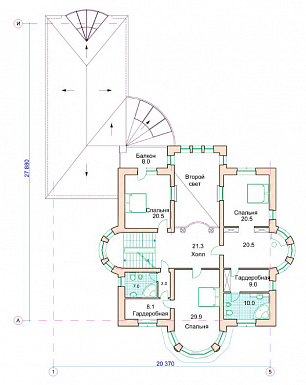 Проект коттеджа с двусветной гостиной, бассейном и зимним садом / План 2 этажа