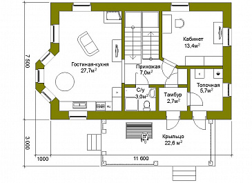 Проект компактного коттеджа из SIP с двускатной кровлей / План 1 этажа