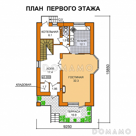 Проект кирпичного дома с мансардным этажом и эркером / План 1 этажа