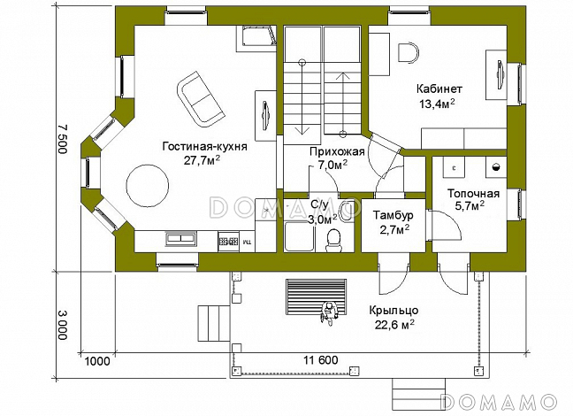 Проект компактного коттеджа из SIP с двускатной кровлей / План 1 этажа