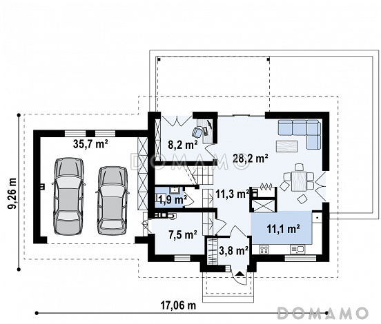 Проект комфортного одноэтажного мансардного дома из газобетона с кабинетом, гаражом и тремя спальнями / План 1 этажа