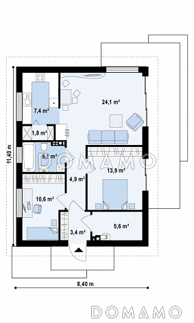 Проект компактного одноэтажного дома из кирпича с двумя спальнями, изолированной кухней и торцевым входом / План 1 этажа