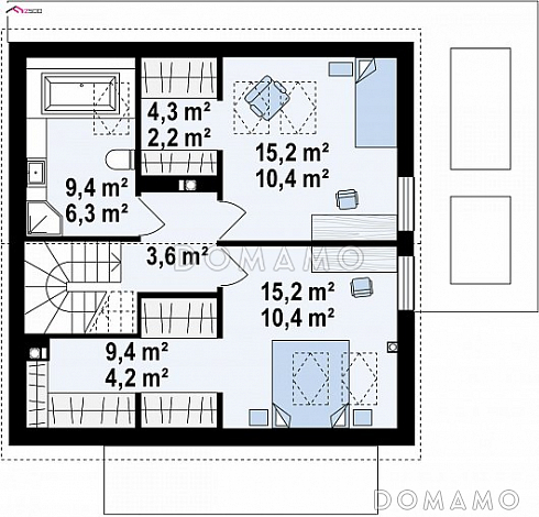Проект компактного одноэтажного мансардного дома из кирпича с кабинетом и двумя спальнями / План мансардного этажа
