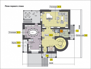 Дом с башней и зеленой крышей, с цокольным этажом, гаражом на одну машину / План 1 этажа