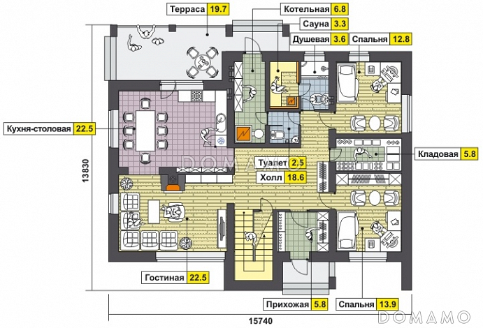 Проект дома с крытой террасой, сауной и душевой, двумя спальнями на первом этаже, гостиной с камином, балконом, вторым светом / План 1 этажа