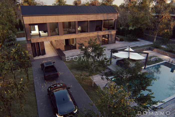 Проект стильного двухэтажного дома с гаражом, кладовой, гардеробной в прихожей, кабинетом, хозяйской спальней