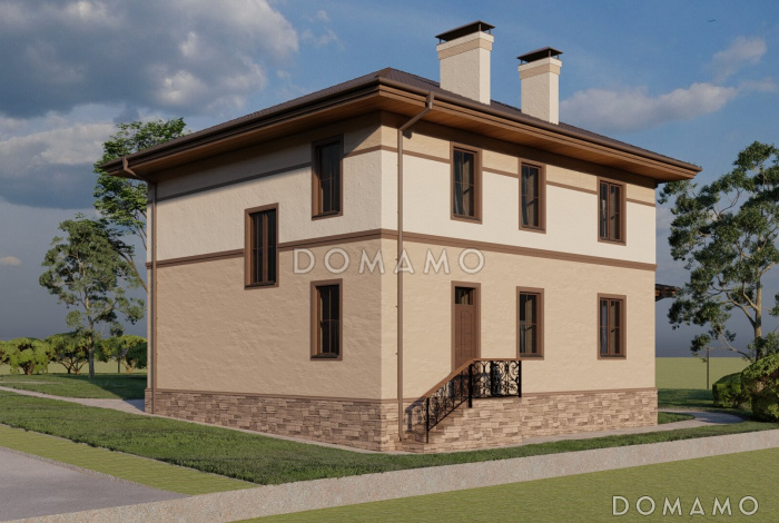 Проект двухэтажного дома с тремя спальнями на втором этаже и спальней на первом этаже