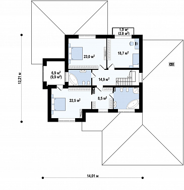 Проект дома с гаражом на 2 машины, большой гостиной, проходом на кухню из прихожей, отдельным входом в котельную / План 2 этажа