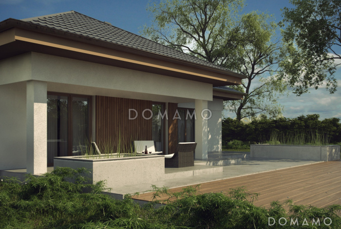 Проект одноэтажного дома из кирпича с большой гостиной, тремя спальнями и гаражом на два автомобиля