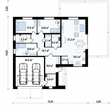 Проект углового одноэтажного дома из газобетона с облицовкой классических фасадов деревянной вагонкой и с гаражом на два автомобиля / План 1 этажа