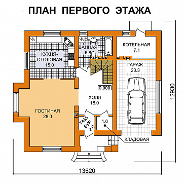 Проект двухэтажного дома из газобетона с гаражом на одну машину / План 1 этажа