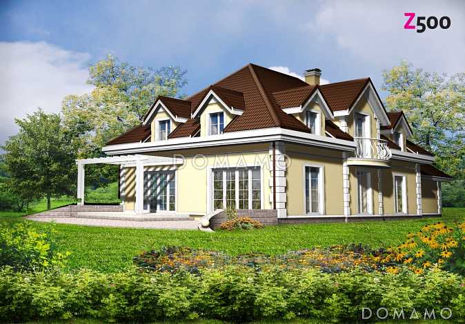 Проект большого одноэтажного мансардного дома из кирпича с просторной гостиной, гаражом и бильярдной