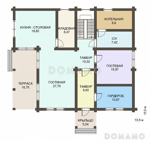 Проект двухэтажного дома из клееного бруса с пятью спальнями / План 1 этажа
