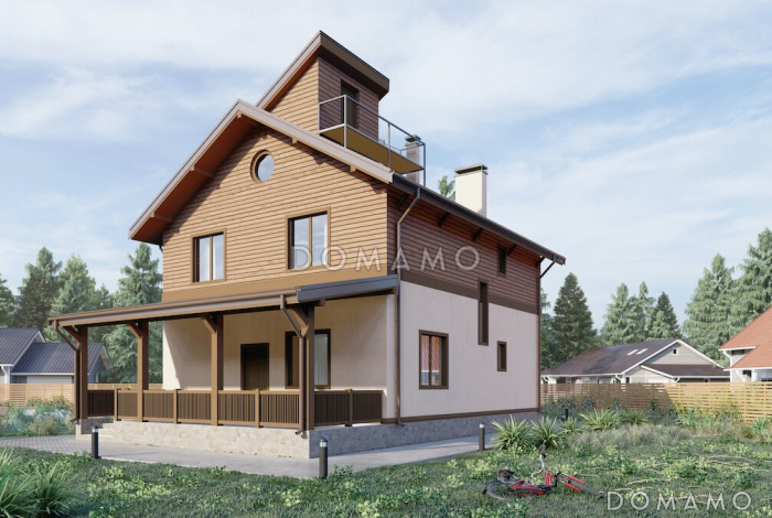 Проект двухэтажного дома с 5 спальнями, террасой, пристроенной мастерской и люкарной с балконом