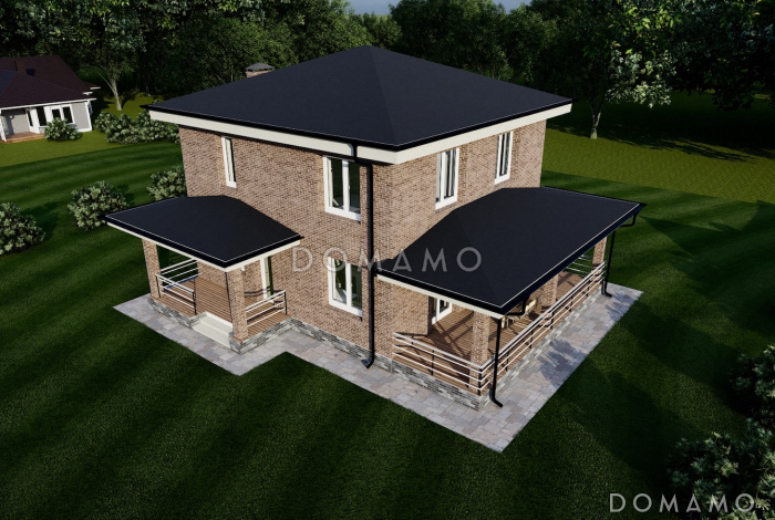 Проект двухэтажного дома с четырьмя спальнями и большой крытой террасой